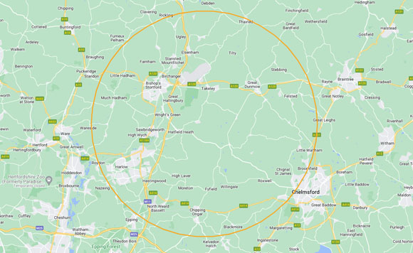 a map showing the 10-mile radius that Avance Cleaning serve near Bishop's Stortford 