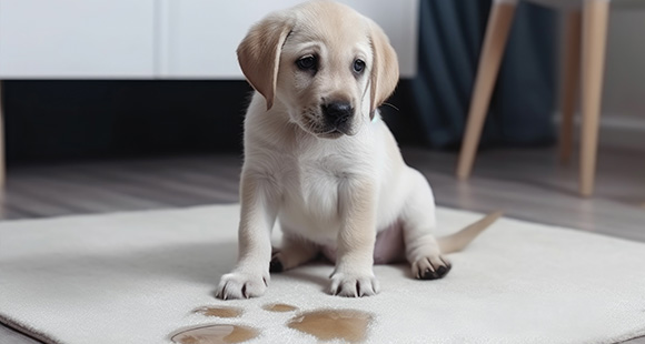 a dog looking sad as it stands over a section of carpet that it has soiled