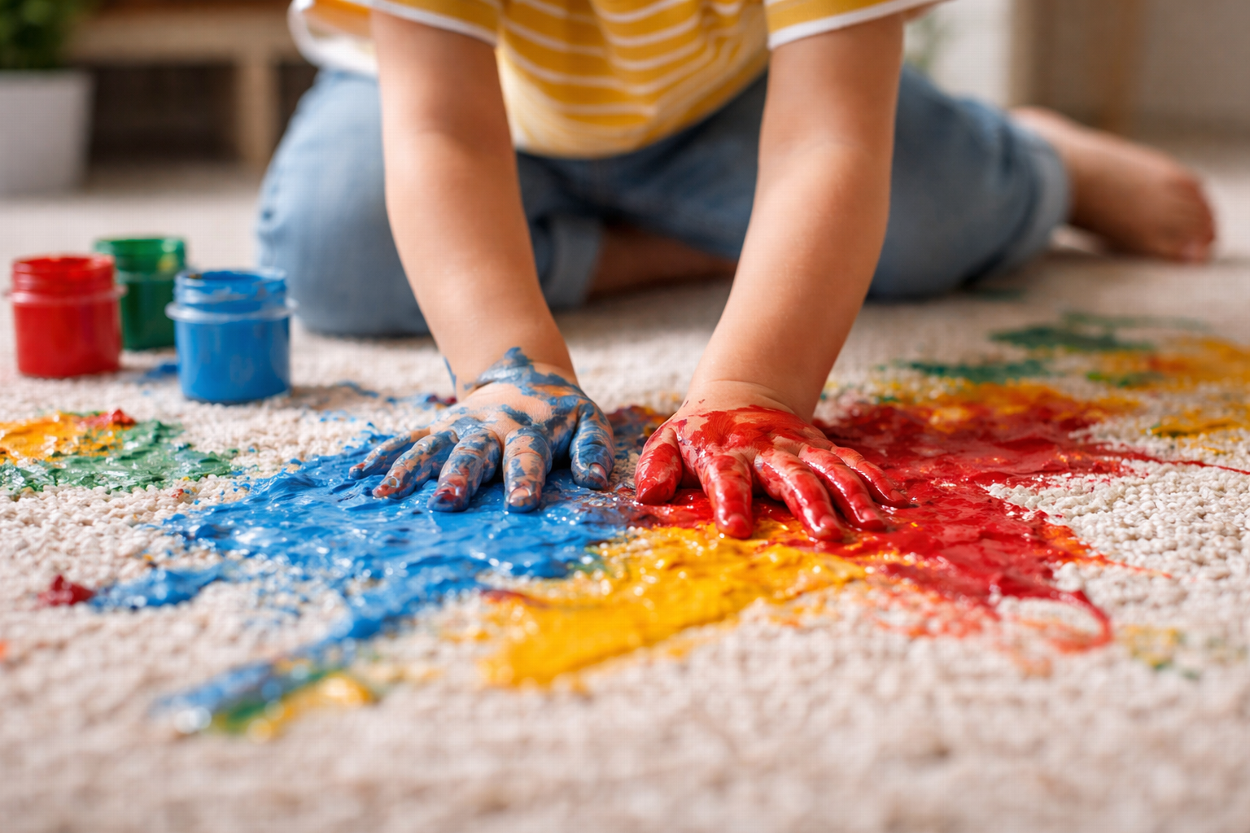 CHILD MAKING MESS ON THE CARPET THAT NEEDS STAIN PROTECTING